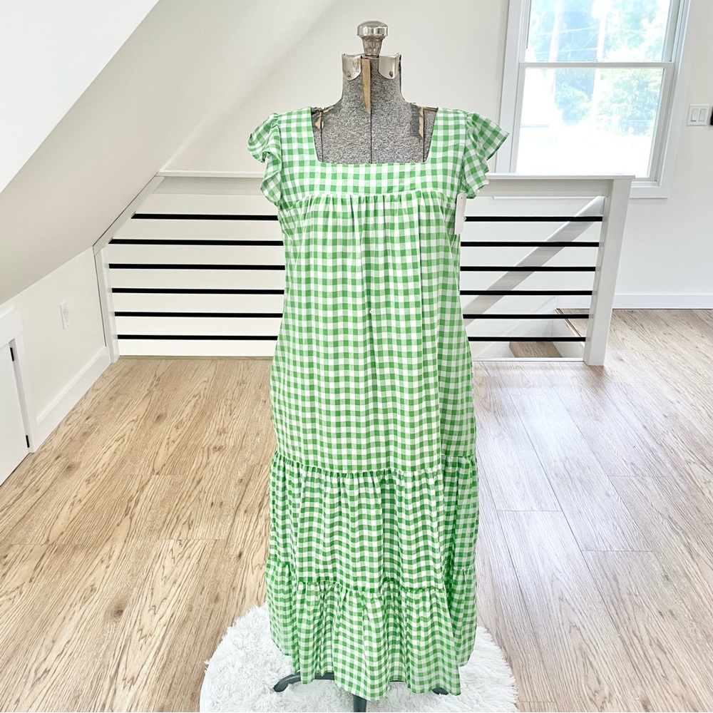S Draper James, green and white checkered maxi dress